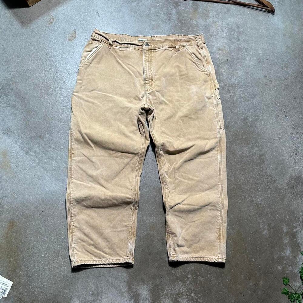 Vintage Carhartt Tan Blanket Flannel Lined Carpenter Pants Mens 42x30 Jeans - Picture 3 of 6